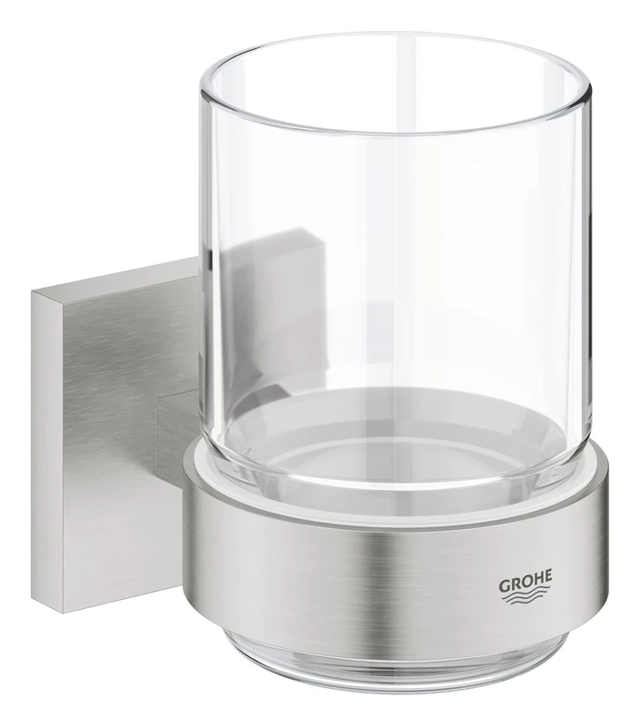 GROHE Start Cube Crystal Glass with Holder - Wall Mounted Toothbrush Holder (Glass and Metal, Concealed Fastening, with Screws and Dowels), Easy to Fit with GROHE QuickGlue, Stainless Steel, 41097DC0