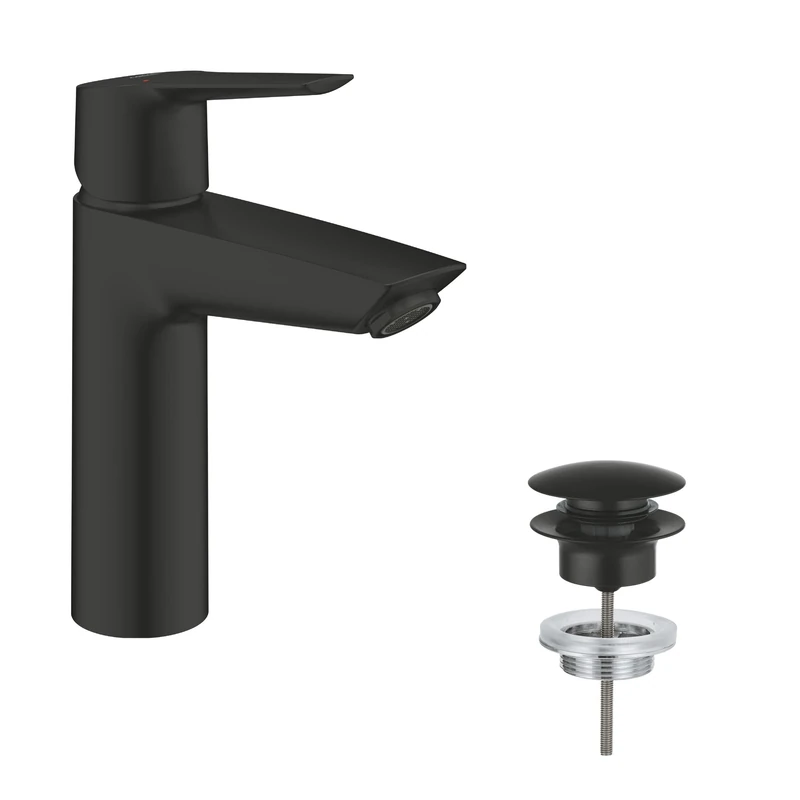 GROHE Start - Smooth Body Basin Mixer Tap with Push-Open Pop-Up Waste Set (Metal Lever, 28 mm Ceramic Cartridge, Water Saving Mousseur 5.7 l/min, Tails 3/8 Inch), Size 192 mm, Matt Black, 235752432
