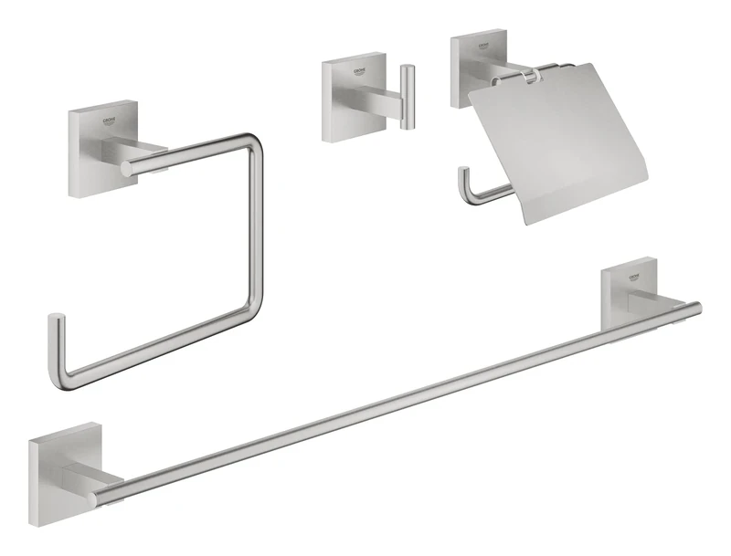 GROHE Start Cube 4-in1 Bathroom Accessories Set - Robe Hook, Towel Ring, Toilet Roll Holder, Towel Rail (Metal, with Screws and Dowels), Easy to Fit with GROHE QuickGlue, Stainless Steel, 41115DC0