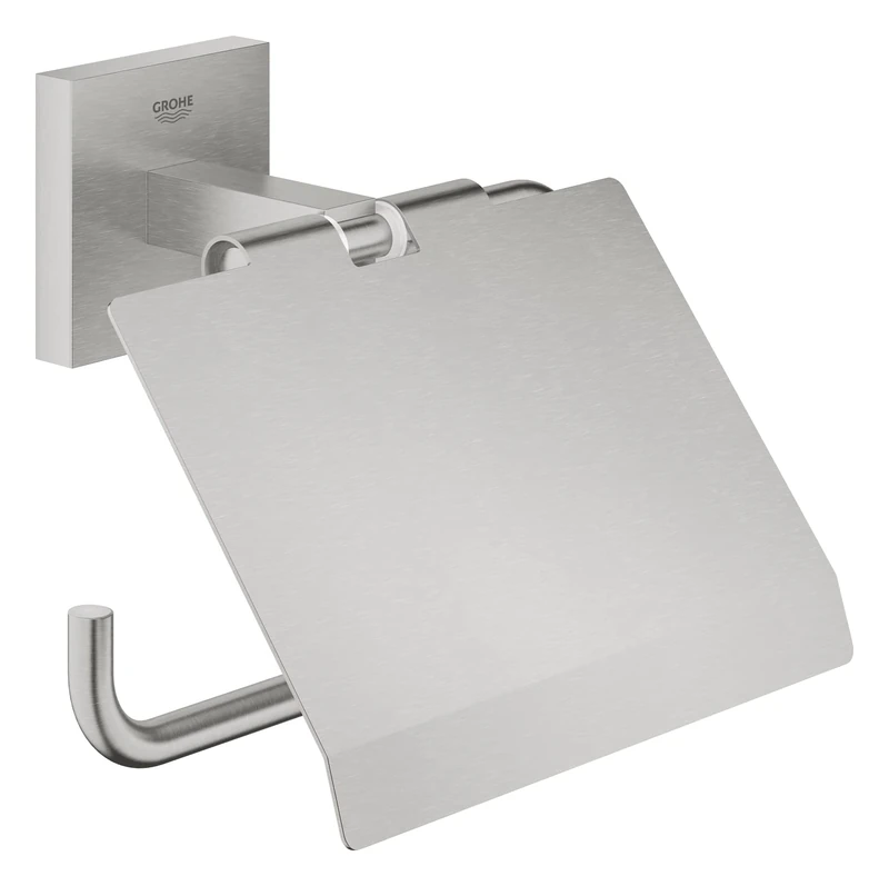 GROHE Start Cube Toilet Roll Holder with Cover (Metal, Wall Mounted, Concealed Fastening, Including Screws and Dowels), Size 111 mm, Extra Easy to Fit with GROHE QuickGlue, Stainless Steel, 41102DC0