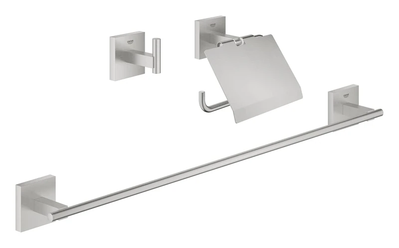 GROHE Start Cube 3-in-1 Bathroom Accessories Set - Robe Hook, Toilet Roll Holder with Cover, Towel Rail (Metal, with Screws and Dowels), Easy to Fit with GROHE QuickGlue, Stainless Steel, 41124DC0