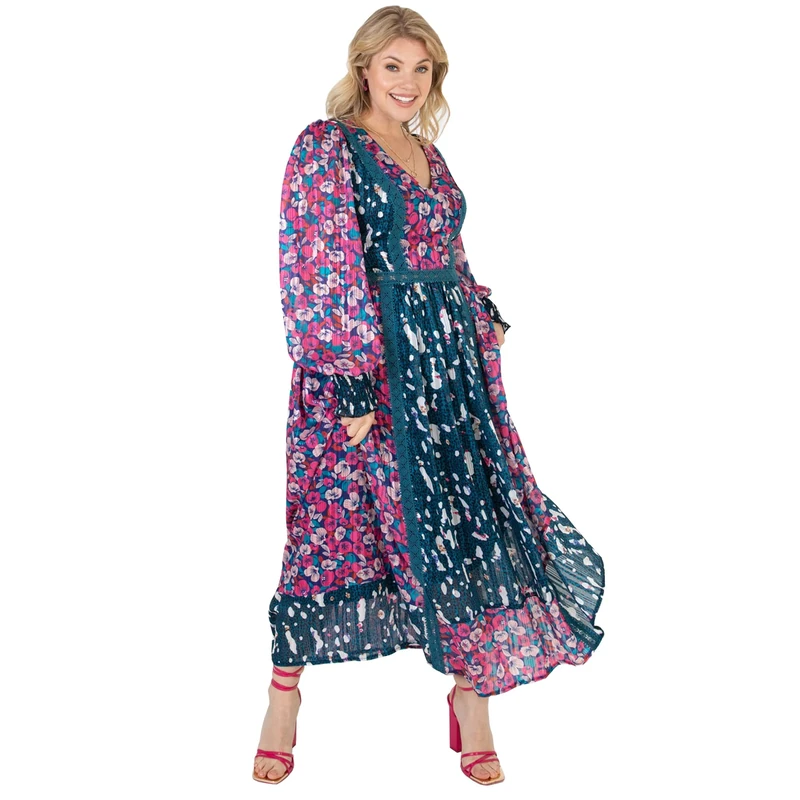 Lovedrobe Womens Maxi Plus Size Dress for Ladies Long Sleeve Flower Pattern V Neckline Back Lace Cuffs for Summer Office Party Blue Pink Size 24