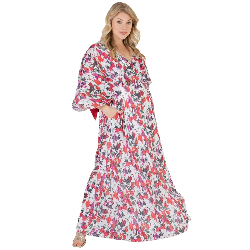 Lovedrobe Womens Summer Plus Size Dresses Curve Ladies Cape Sleeve V Neck Bow Tie Maxi Long Length for Wedding Guest Floral Print Red Size 24