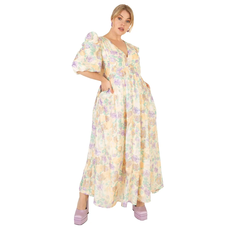 Lovedrobe Womens Ladies Maxi Summer Dress for Plus Size Curve 3-4 Sleeve Puffed V Neck High Empire Waist Long for Summer Party Cream Size 16