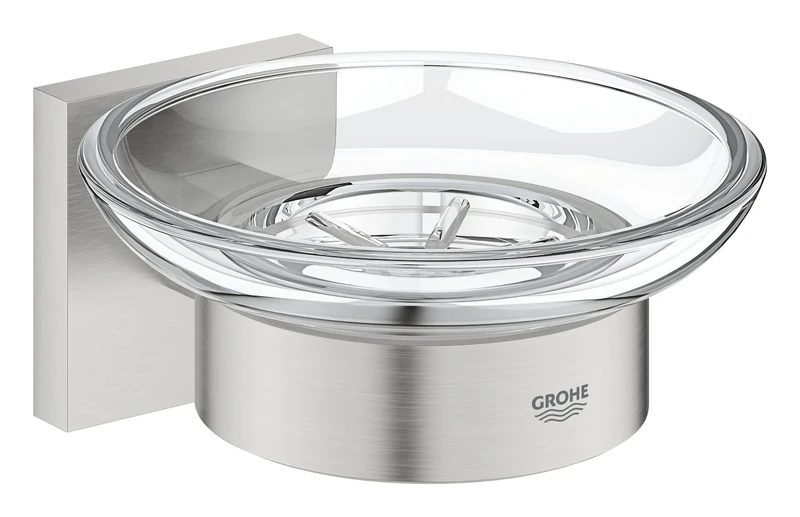 GROHE Start Cube Soap Dish with Holder (Material: Glass and Metal, Wall Mounted, Concealed Fastening, with Screws and Dowels), Size 125 mm, Easy to Fit with GROHE QuickGlue, Stainless Steel, 41096DC0