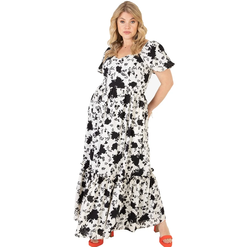 Lovedrobe Ladies Maxi Dress for Plus Size Women Curve Puffed Short Sleeve Back Tie Belt for Summer Party Office Flower Pattern Black White Size 18