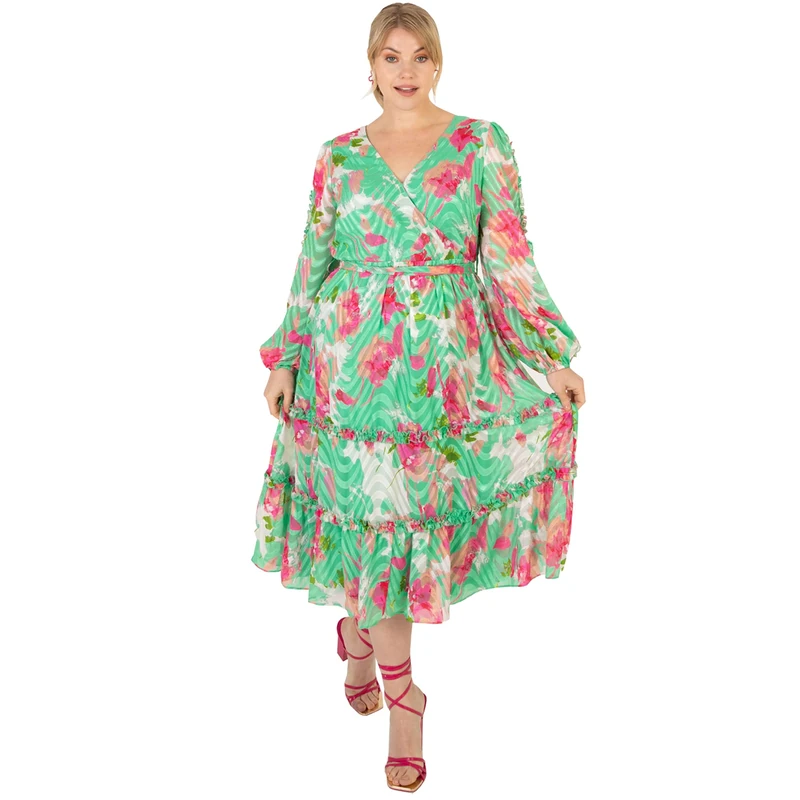 Lovedrobe Plus Size Dresses for Womens Ladies Long Sleeve Maxi Dress Green Print Size 24