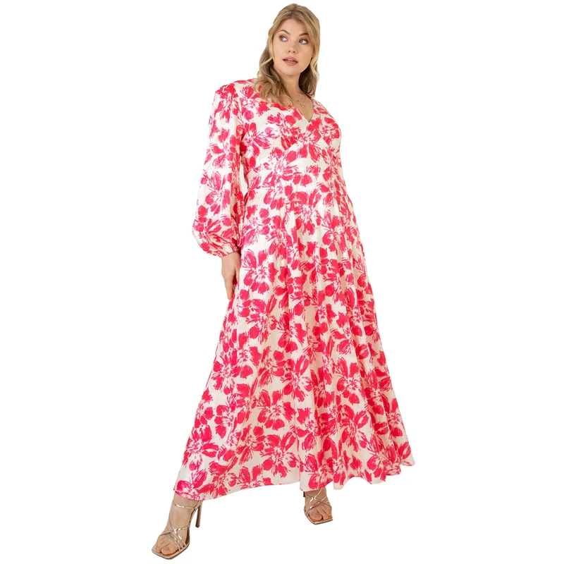 Lovedrobe Womens Dress Plus Size Ladies V Neckline Maxi Long Sleeve Length Tie Belt Bishop Flower Pattern for Office Party Dress for Women, Pink, 18