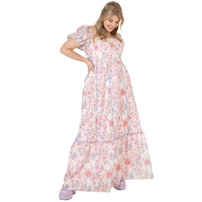 Lovedrobe Ladies Plus Size Summer Maxi Dresses for Women Flowers Short Sleeve Frilly Pull on Curve Lace High Waist Square Neck Women's Dress, Baby Pink, 26