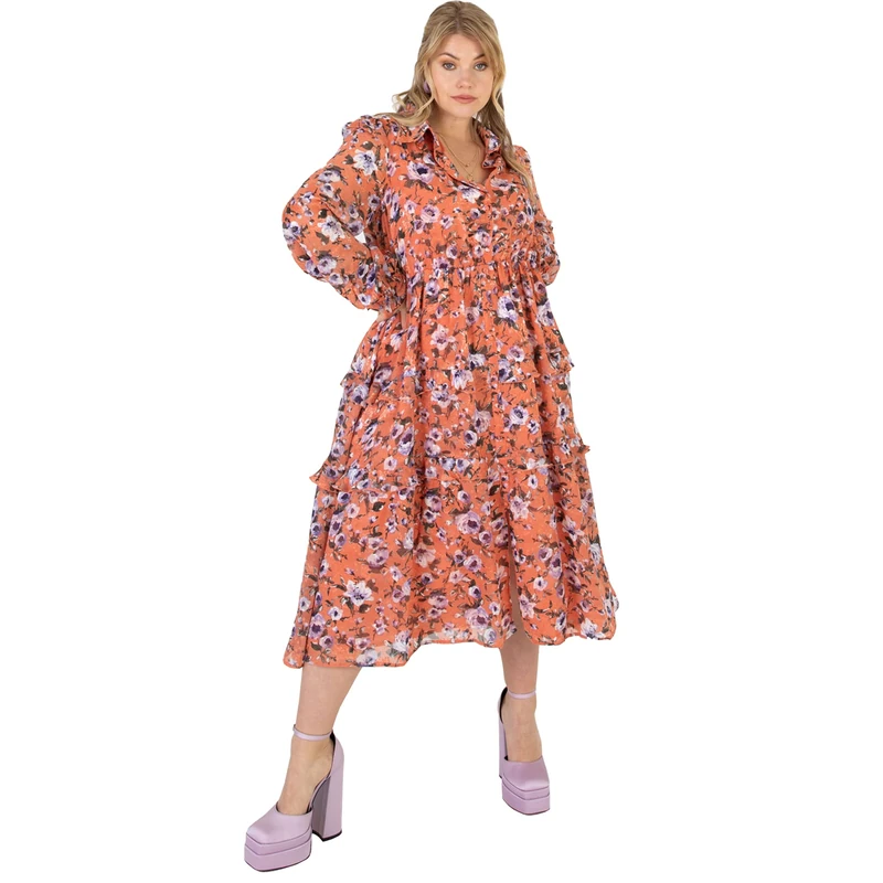 Lovedrobe Womens Midi Dress for Plus Size Women Flower Pattern with Collar Long Sleeve Ruffle V Neckline Slit for Summer Office Orange Size 20 - Image 1