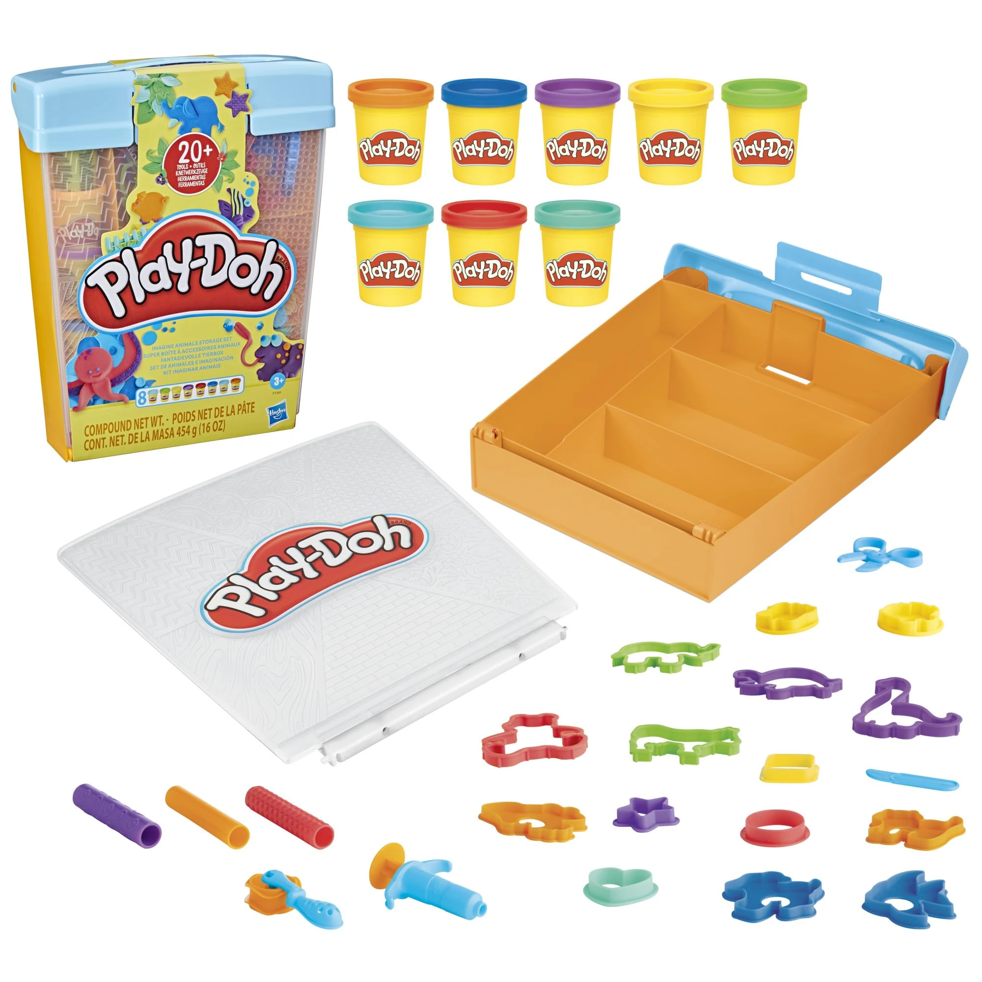 Play-Doh Imagine Animals Storage Set for Toddlers with 8 Cans of Non-Toxic Modelling Compound and 22 Accessories, Creative Toys for 3+ Year Old Kids, Arts and Crafts
