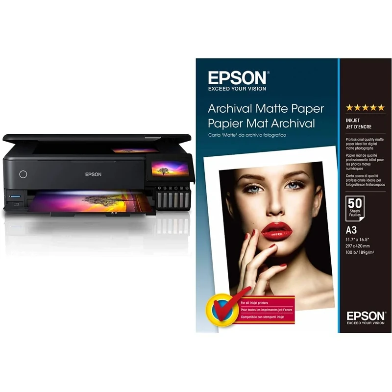Epson EcoTank ET-8550 A3 Print/Scan/Copy Wi-Fi Photo Ink Tank Printer, With Up To 2 Years Worth Of Ink Included & 2357148 Archival Matte Paper Matte paper A3 (297 x 420 mm) 189g / m2 50 sheets