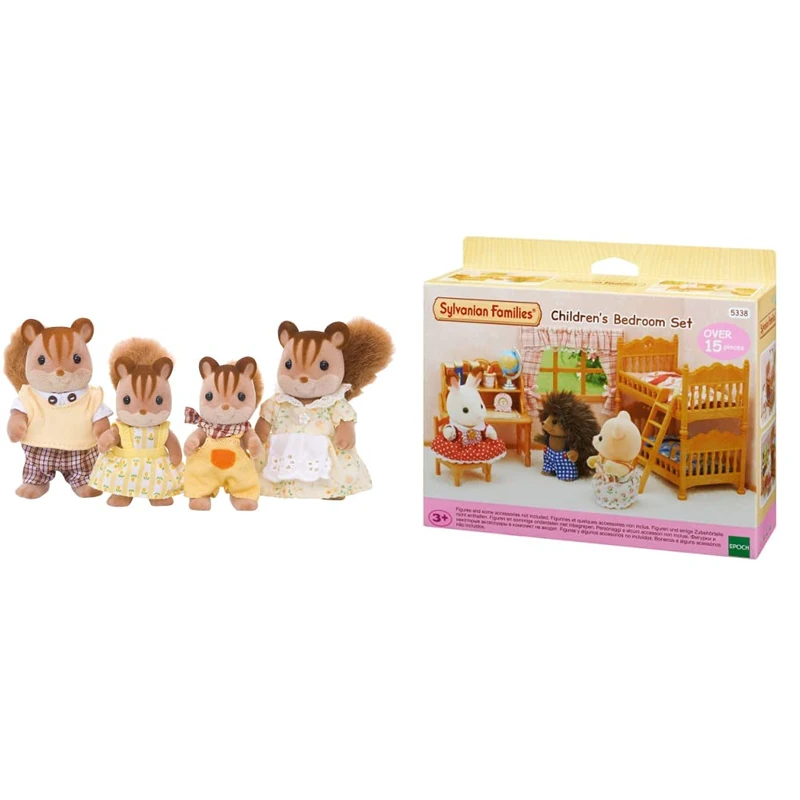 Sylvanian Families - Walnut Squirrel Family & 5338 Children's Bedroom Set, Multicolor