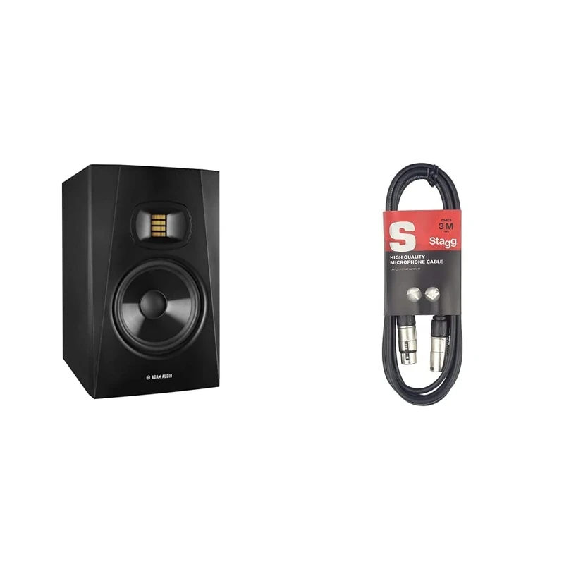 ADAM Audio T7V Studio Monitor for recording, mixing and mastering, Studio Quality Sound (Single) & Stagg SMC3 3m XLR to XLR Plug Microphone Cable, Black