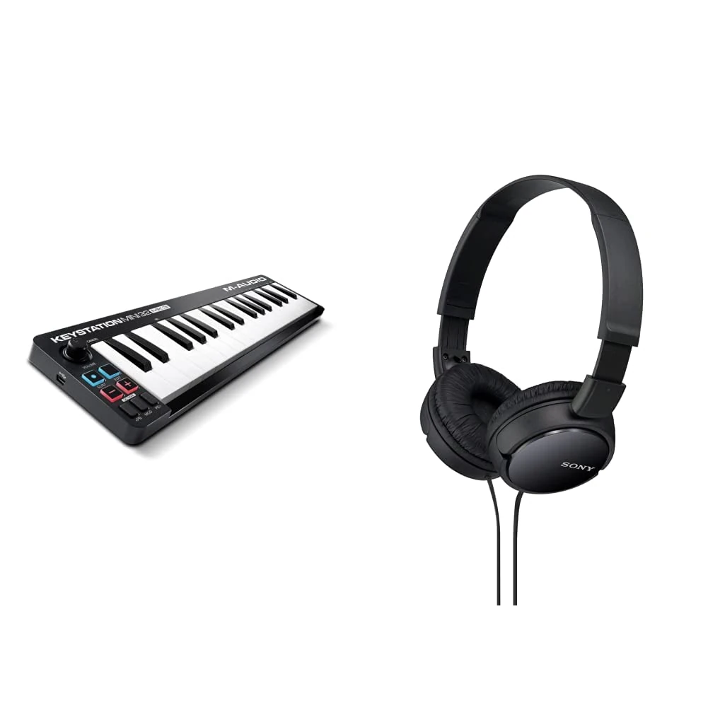 M-Audio Keystation Mini 32 MK3 - Portable USB MIDI Keyboard Controller for Mobile Music Production With Software Suite & Sony MDR-ZX110 Overhead Headphones - Black , BASIC, Pack of 1