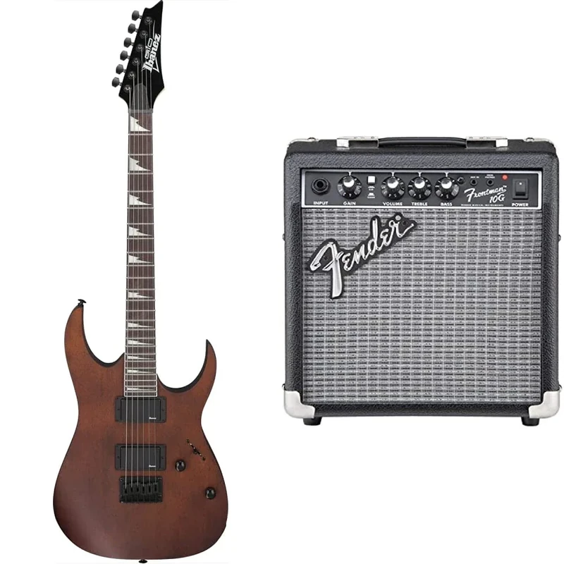 Ibanez GRG121DX GIO Range Electric Guitar - Walnut Flat & Fender Frontman 10G Guitar Combo Amp - Ideal Practice Amp