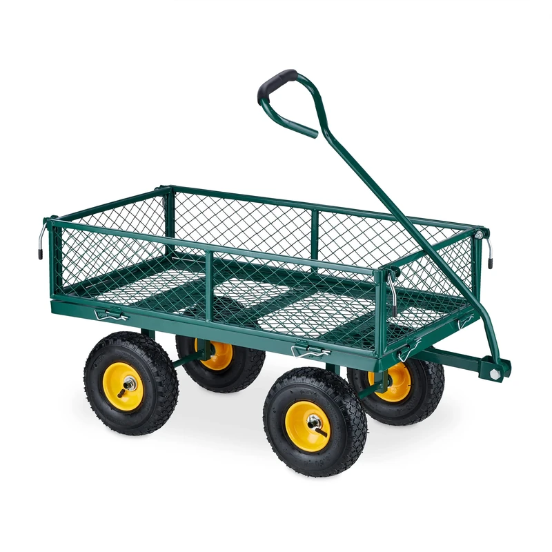 Relaxdays Heavy-Duty Cart, Practical Garden Trolley, Pneumatic Wheels, Folding Sides, up to 200 kg, Steel, Green/Yellow, 50 x 50 x 110 cm
