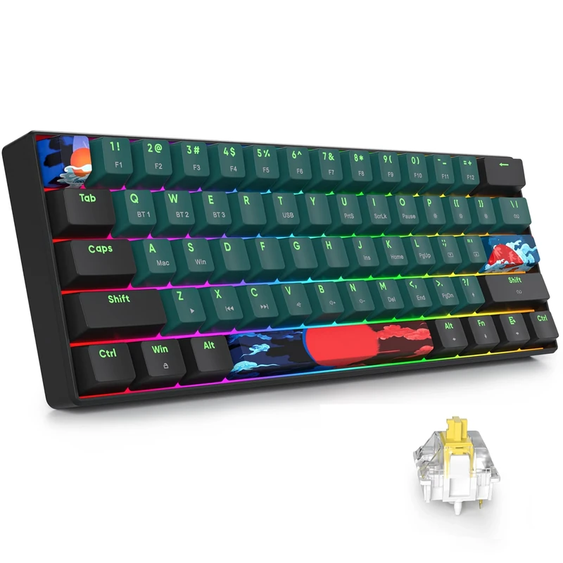Surmen GT61 Wireless 60% Keyboard, Mini RGB Mechanical Gaming Keyboard with Linear Gateron Switch, Type-C/Bluetooth 5.0 Programmable (Gateron Yellow, Sound Wave 61)
