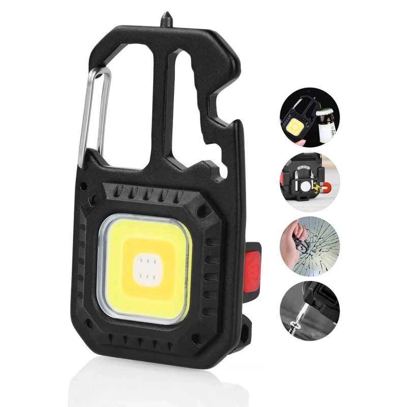 URAQT Mini LED COB Flashlight, 1000 Lumens 500mAh 7 Light Mode Upgraded Handheld Keychain Torch, Work Multifunctional Emergency LED Keyring Flashlight Rechargeable with Window Breaker Bottle Opener