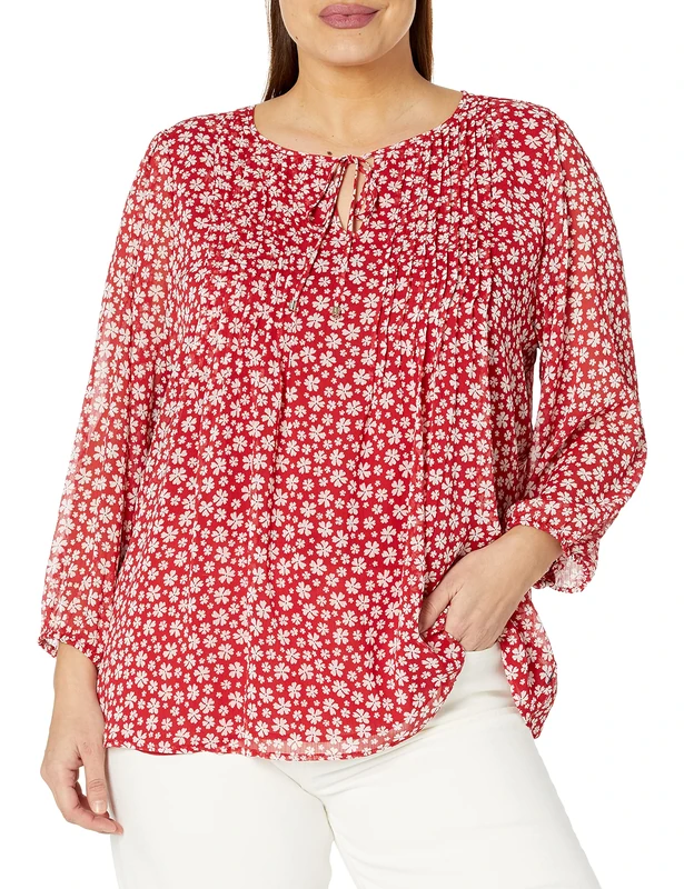 Tommy Hilfiger Women's Plus Long Sleeve Blouse with Tie Detail, Chili Multi, 2X