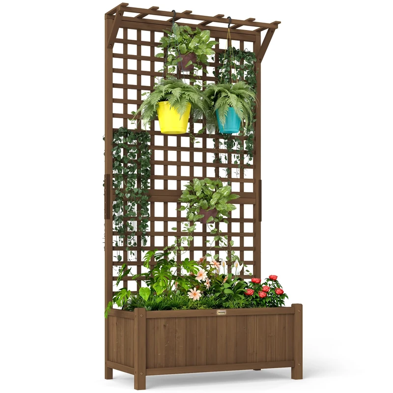 Outsunny Wood Planter with Trellis for Climbing Plants, Raised Bed, Planter Box with Drainage Holes to Grow Vegetables, Herbs and Flowers for Garden, Patio, Yard, Brown