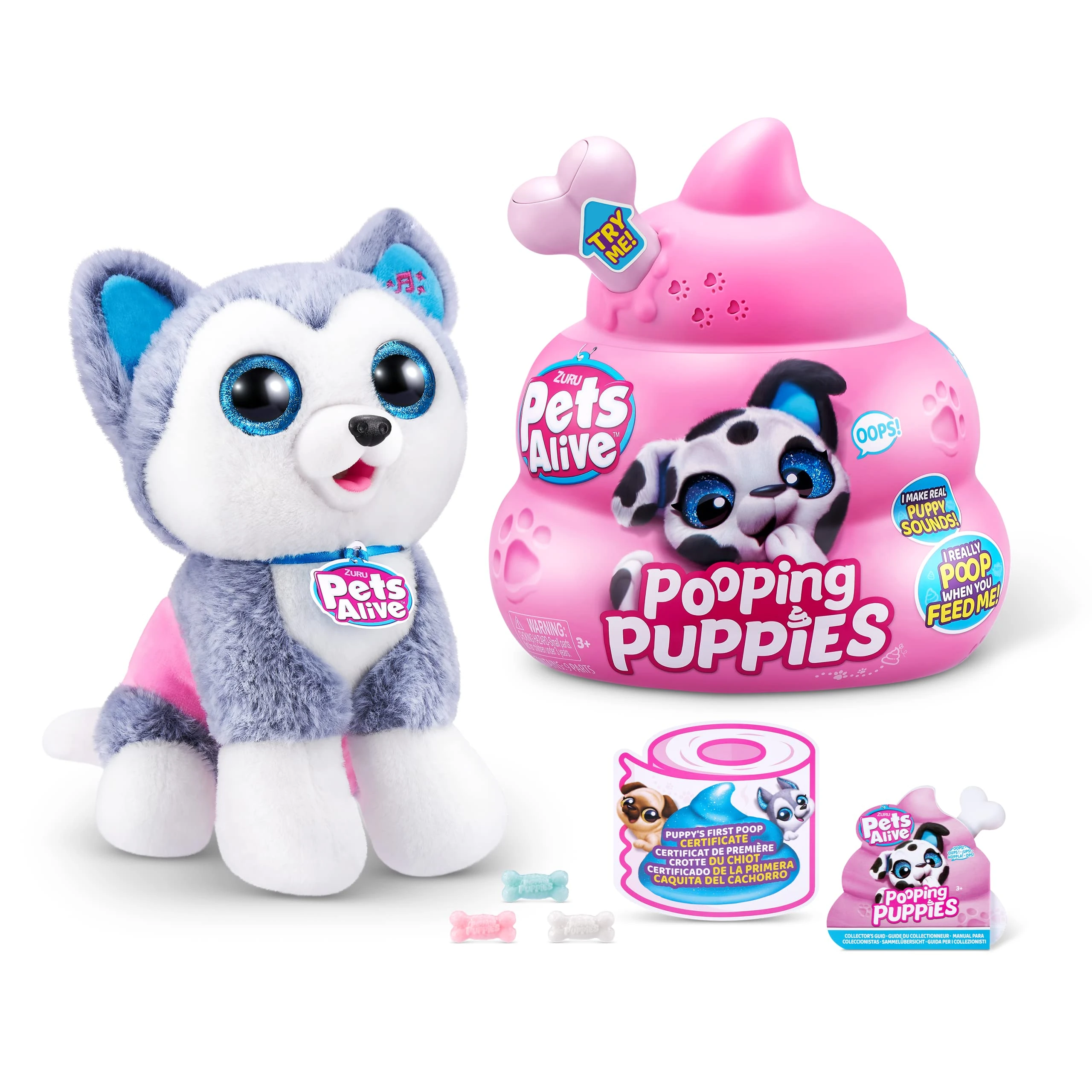 Pets Alive Pooping Puppies, Husky, Real Pet Dog Puppy, Play Soft Toy, Developmental Nurturing Plush, Color Change Unboxing, Interactive Electronic Pet Puppy, Ages 3+ (Husky)