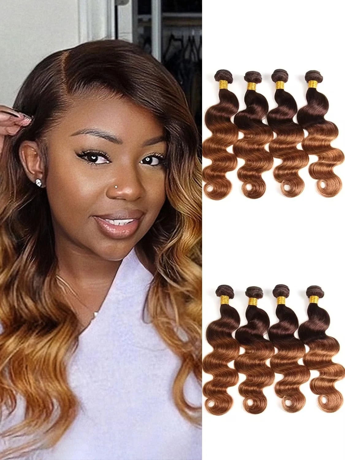 Ombre Brazilian Body Wave Hair 4 Bundles 16 18 20 22 Inch Brazilian Remy Virgin Human Hair Weave Bundles 12A 100% Unprocessed Body Wave Human Hair Extensions T4/30 Medium Brown/Medium Auburn