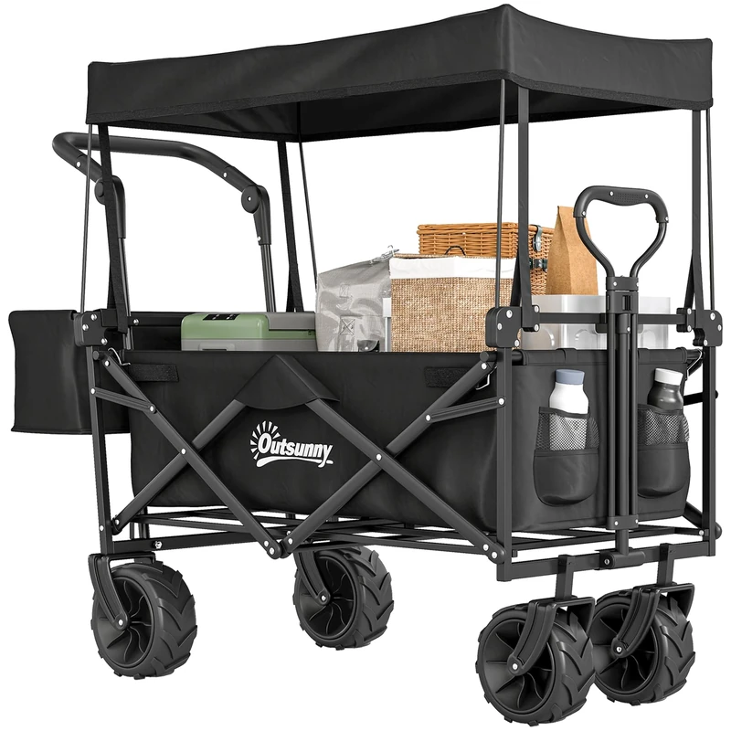 Outsunny 120L Festival Trolley on Wheels, Folding Camping Trolley Cart with Removable Canopy, All-Terrain Wheels, Adjustable Handle, Push or Pull for Garden Beach Fishing Shopping, Black