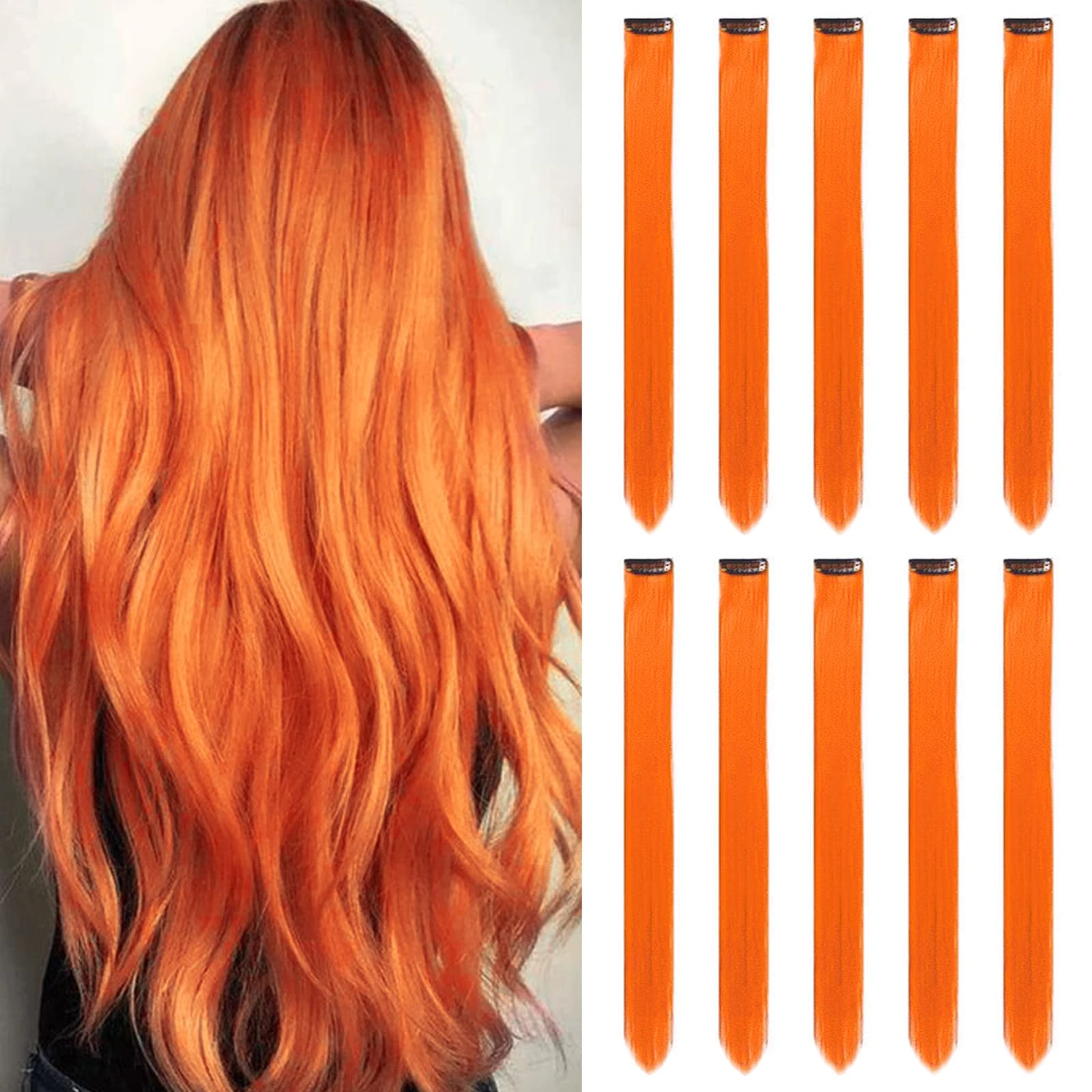 Orange Hair Extensions Clip In for Girls 22 Inch Colorful Straight Hair Extensions for Party Highlights Colored Hair Accessories Hair Pieces for Women（10 PCS Orange）