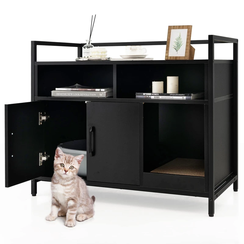 GYMAX Hidden Litter Box Enclosure with Scratching Board & Shelves(Black)