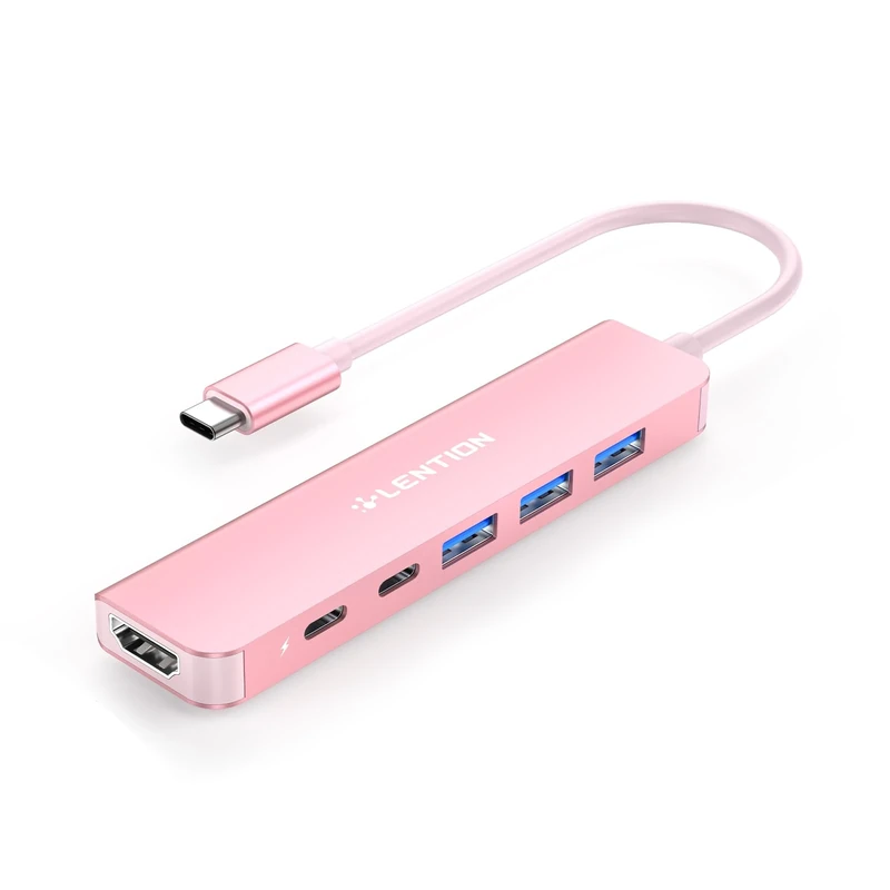 LENTION USB C Hub, 6 in 1 Adapter with USB C Data, 4K HDMI, 3 USB 3.0, 100W PD Compatible 2024-2016 MacBook Pro, New Mac Air, iPad, More Type C Devices (CE35s, Rose Gold)