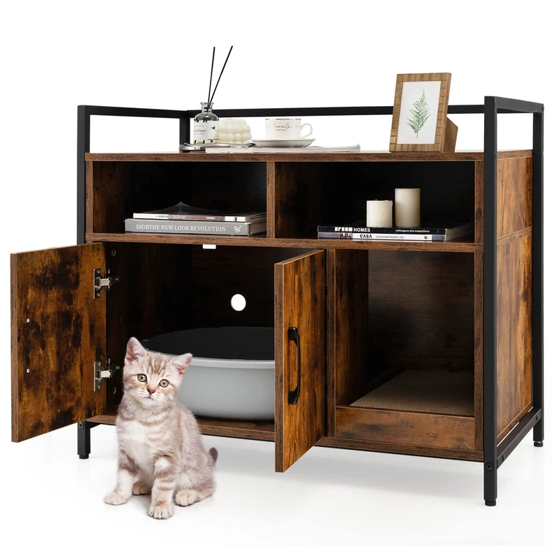 GYMAX Hidden Cat Litter Box Enclosure, Wooden Kitty Washroom Storage Cabinet Nightstand Side Table with Scratching Board and Shelves, Indoor Cat House Pet Crate for Kitten & Large Cat (Coffee)