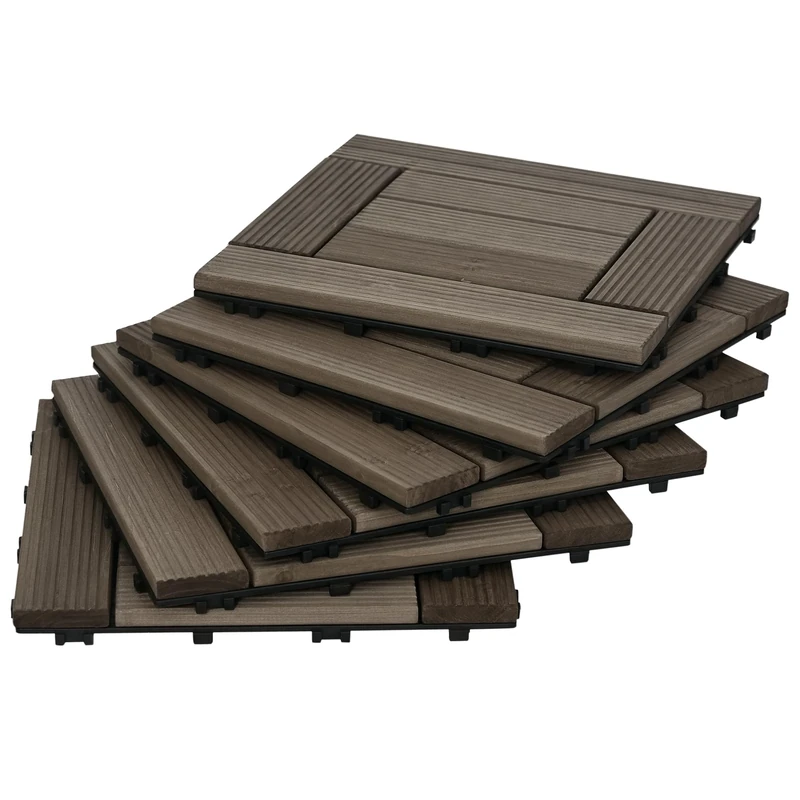 Outsunny 27 Pcs Wooden Interlocking Decking Tiles, 30 x 30 cm Outdoor Flooring Tiles, 2.5㎡ per Pack, for Patio, Balcony, Terrace, Hot Tub, Charcoal Grey