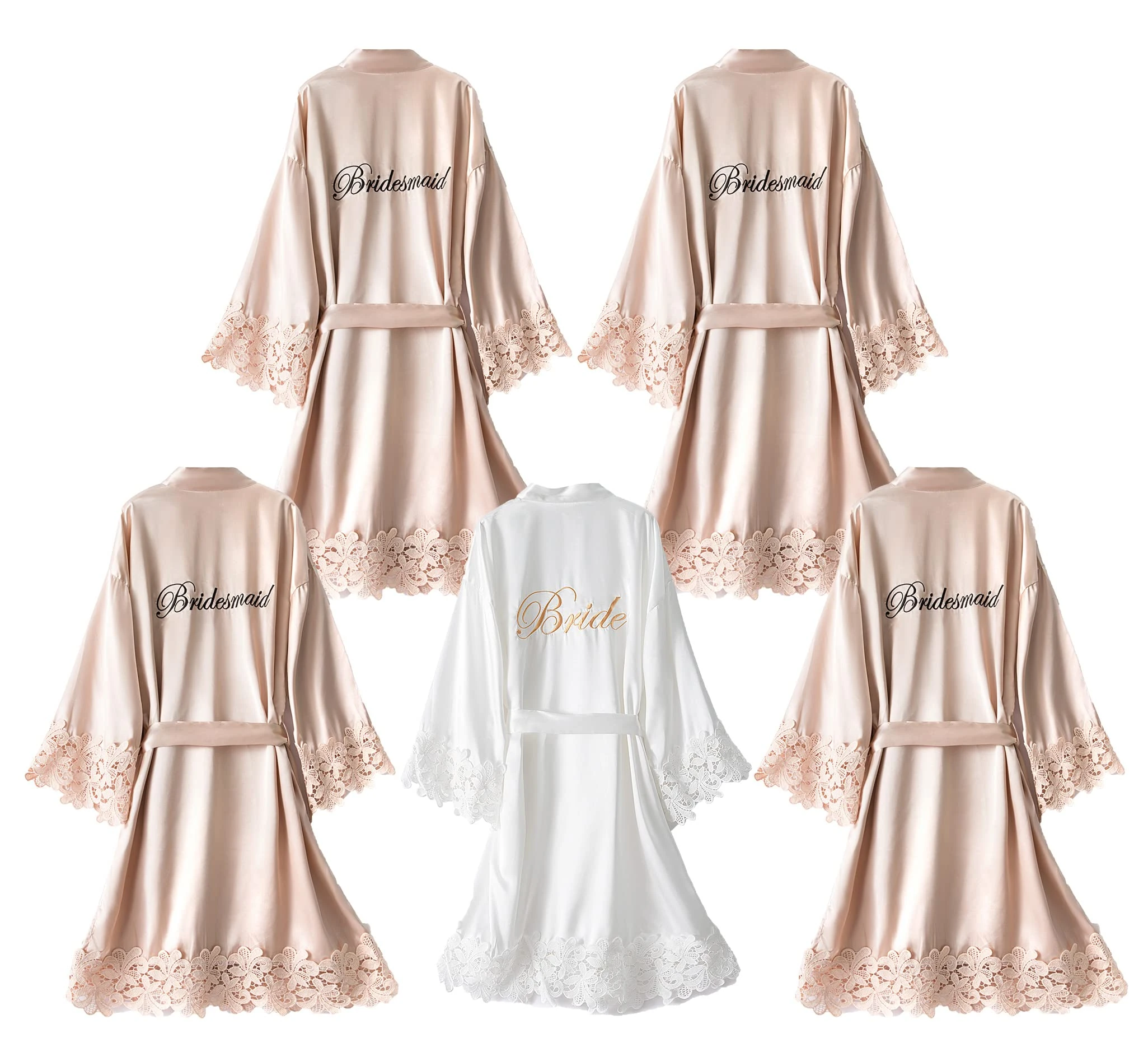 UrHot 5 Pcs Bridesmaid Kimono Robe sets Bride Silky Wedding Day Bathrobe with Lace Trim Embroidered Getting Ready, Champagne,white, One Size