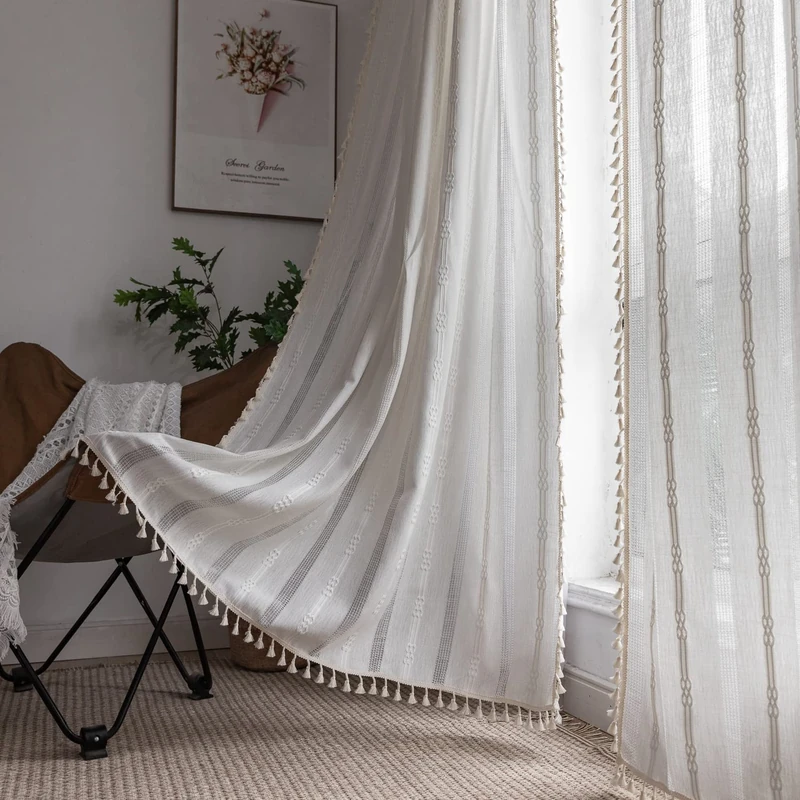 Boho Curtains Embroidery Linen Curtains 96 Inches Long 2 Pannels for Bedroom Off White Country Farmhouse Curtains Light Filtering Curtains for Living Room Rod Pocket Drapes(52" W x 96" L,White)