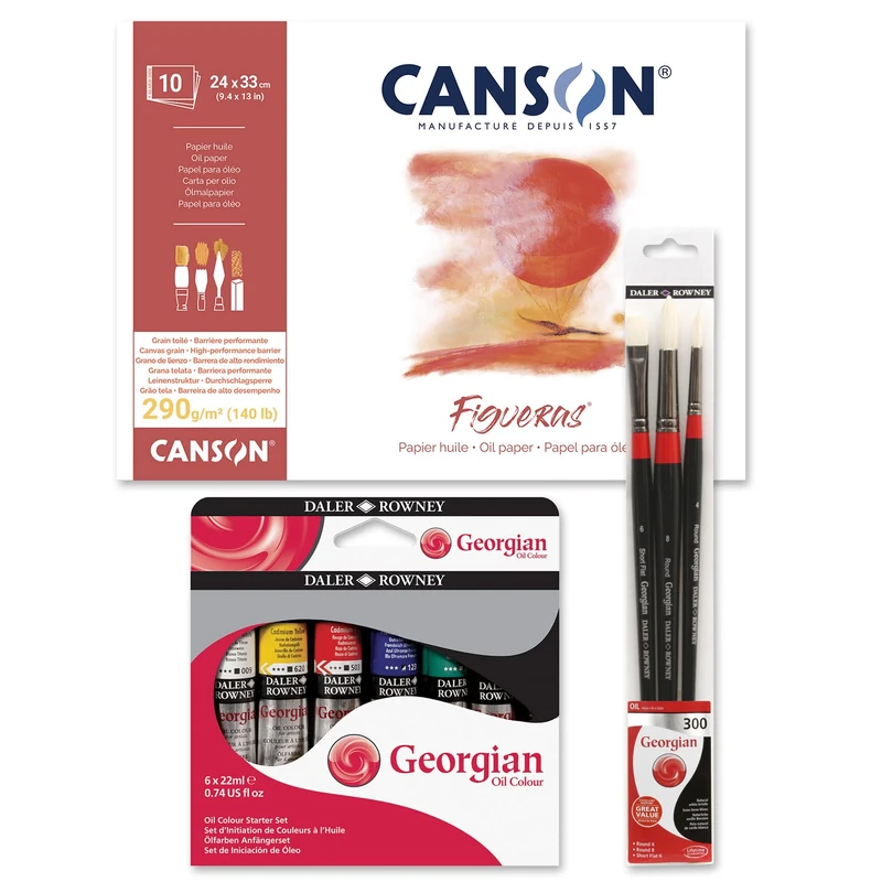 OFITURIA Kit Block Canson with 10 Sheets of 290g Lion Starter Georgian with 6 x 22ml Paint Tubes and 3 Georgian Long Handle Brush Set Ideal for Lion - Opituria