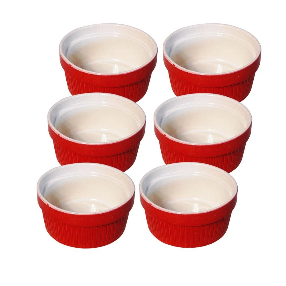 Traditional Handmade Ceramic Souffle/Creme Brulee Ramekin Dishes - Set of 6 200ml Pattern Red Colour
