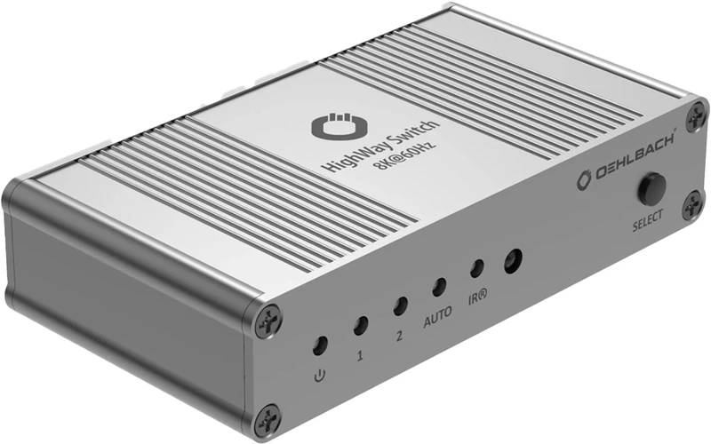 OEHLBACH Highway Switch 8K - HDMI 2.1 Switch - 2 in 1 Out HDMI Adapter with Remote Control (4K 120Hz, 8K 60Hz, 48Gbits, VRR, Dolby Vision, Atmos, HDR10, HDCP 2.3) - Matte Silver