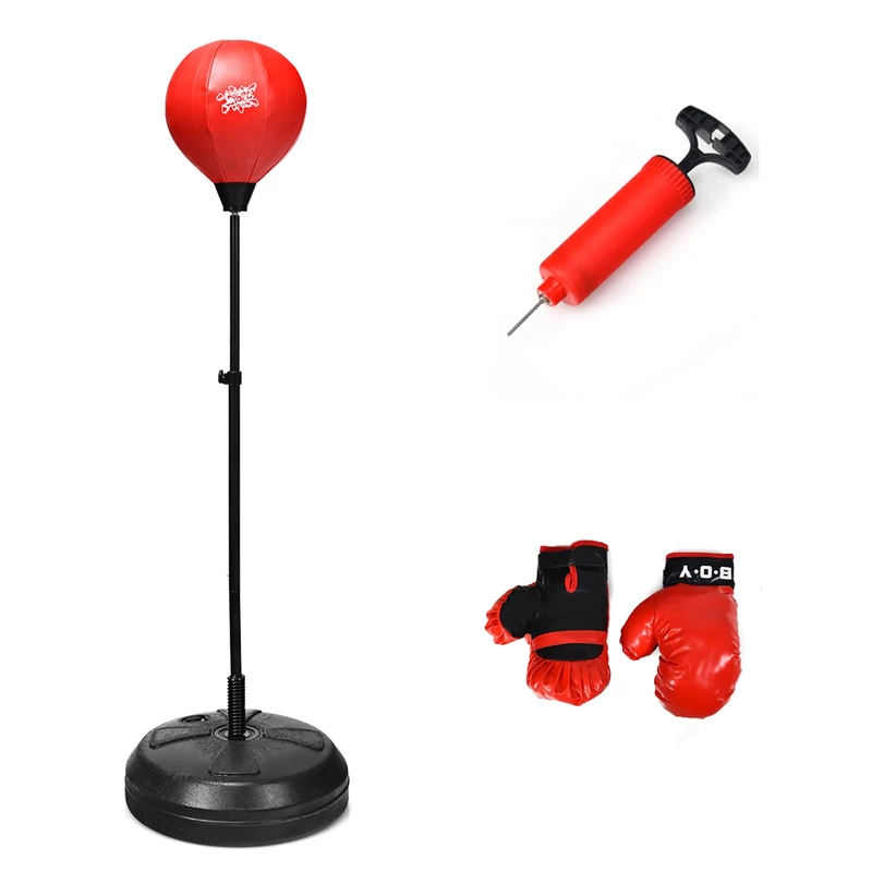 GYMAX Punching Ball, Inflatable Free Standing Boxing Ball with Boxing Gloves, Air Pump and Holder, Height-adjustable Punching Bag for Children & Teenagers & Adults (Black+Red)