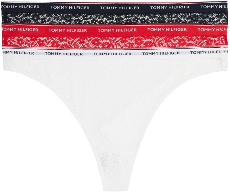 Tommy Hilfiger Women's 3 Pack Premium Essential Thongs, Multicolor (Desert Sky/White/Primary Red), M