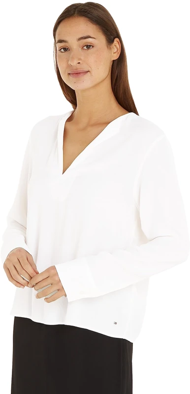 Tommy Hilfiger Women's Viscose Crepe V-Neck Elegant Blouse, Beige (Ancient White), 38