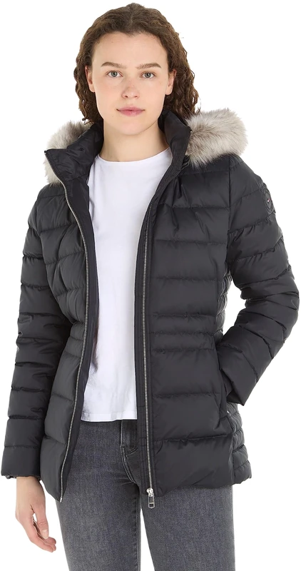 Tommy Hilfiger Women's Down Jacket With Fur Winter, Black (Black), M