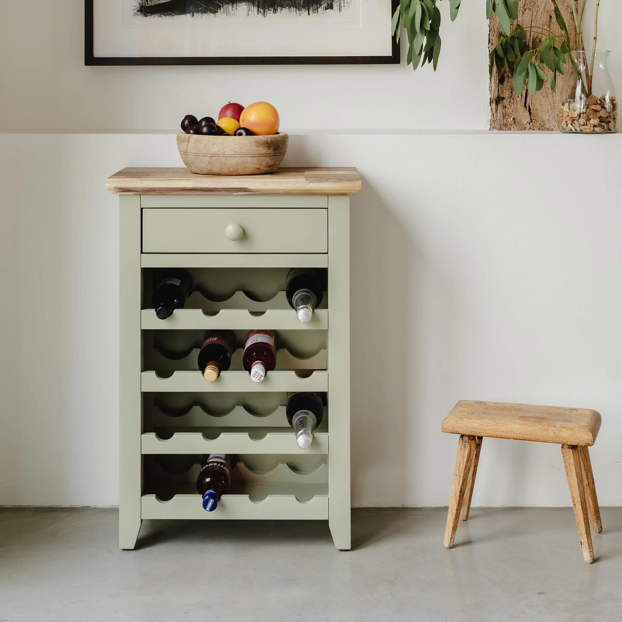 Statement Furniture Florence Wine Console Cupboard Cabinet with Drawer. Wooden Wine Rack, Assembled Sage Green