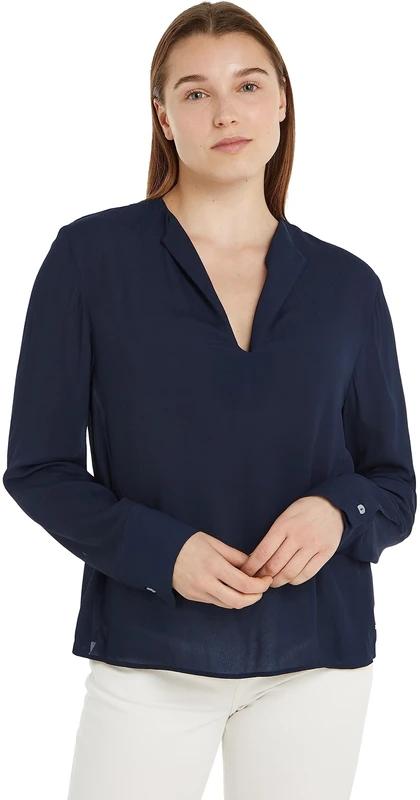 Tommy Hilfiger Women's Viscose Crepe V-Neck Elegant Blouse, Blue (Desert Sky), 38