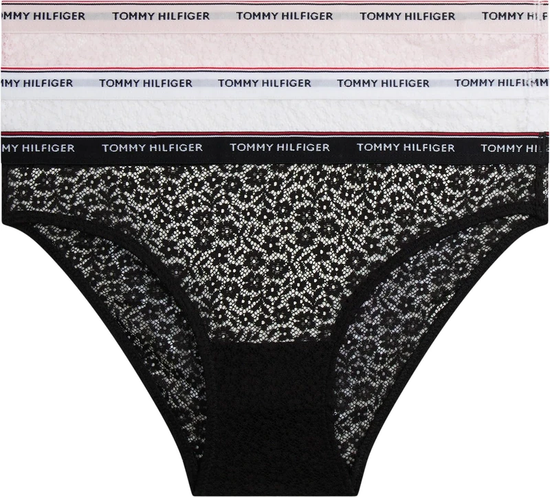 Tommy Hilfiger Women’s 3 Pack Bikini Briefs with Lace, Multicolor (Black/White/Light Pink), XS