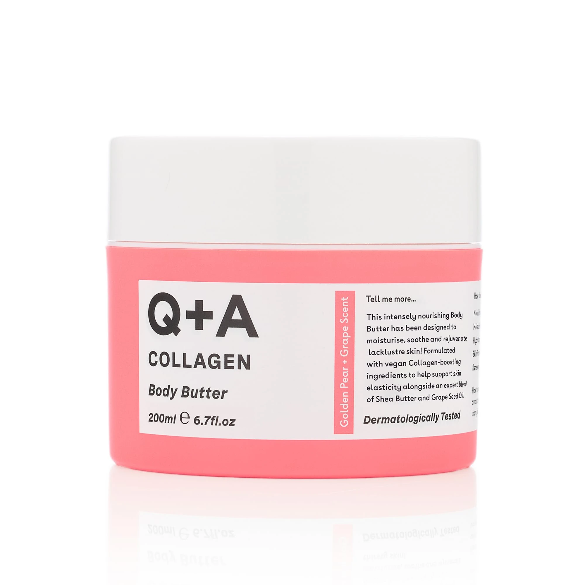 Q+A Collagen Body Butter: Luxuriously Rich, Intensely Moisturising Vegan Formula with Hydrolysed Vegetable Protein, Shea Butter, Squalane, and Golden Pear and Grape Scent for Soft, Supple Skin, 200ml