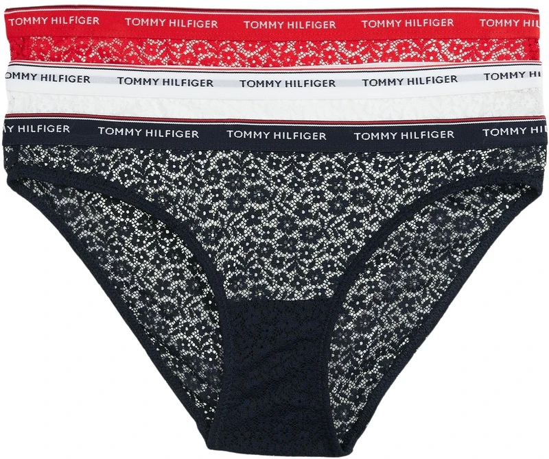 Tommy Hilfiger Women’s 3 Pack Bikini Briefs with Lace, Multicolor (Desert Sky/White/Primary Red), XS