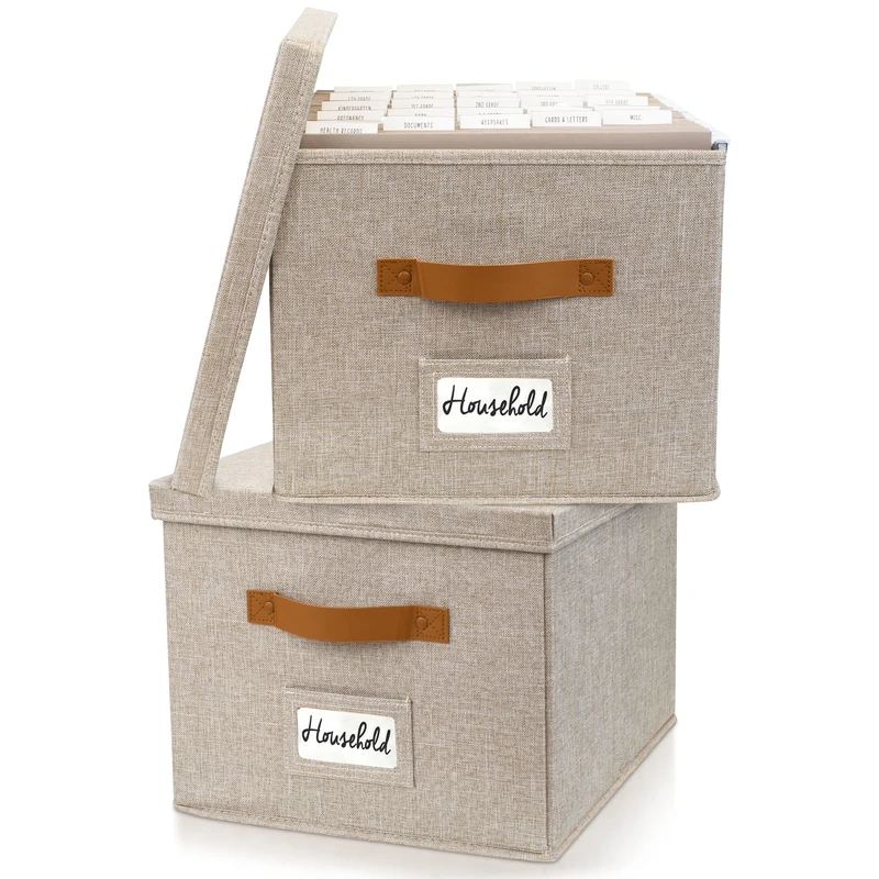 ZICOTO Decorative Beige File Box Organizer Set - Collapsible Linen File Cabinet for Easy Document Storage