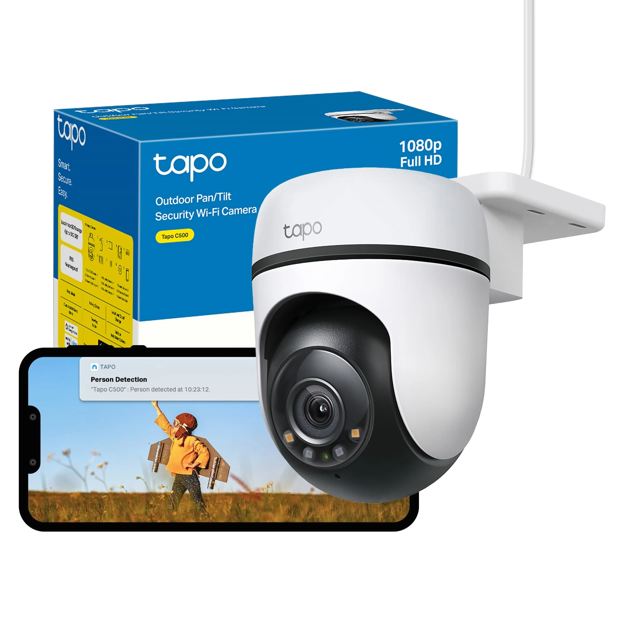 Tapo C500 1080P Full HD Outdoor Pan/Tilt Security Camera, 360°Motion Tracking, IP65, Smart Person Detection, Colour Night Vision, Cloud and Local Storage, Works With Alexa and Google, No Monthly Fee