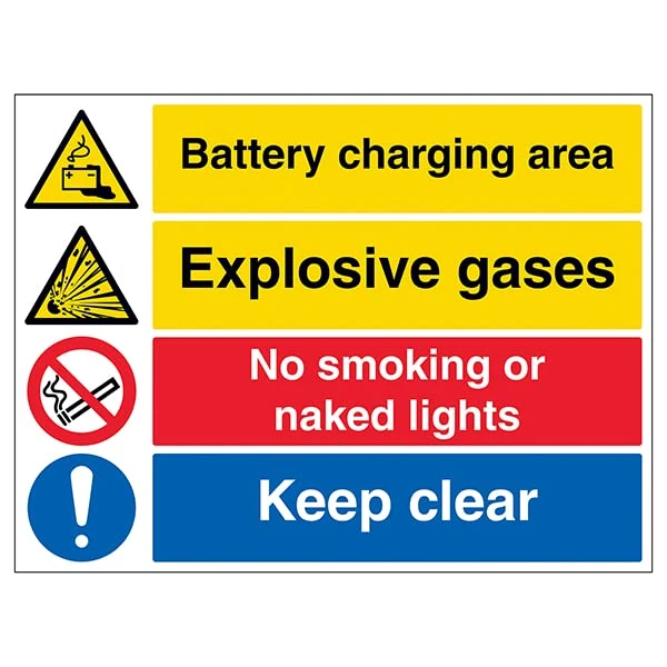 VSafety Battery Charging/Explosive/No Smoking/Keep Clear - 800x600mm Class RA1 Reflective 3mm Aluminium Composite Safety Sign